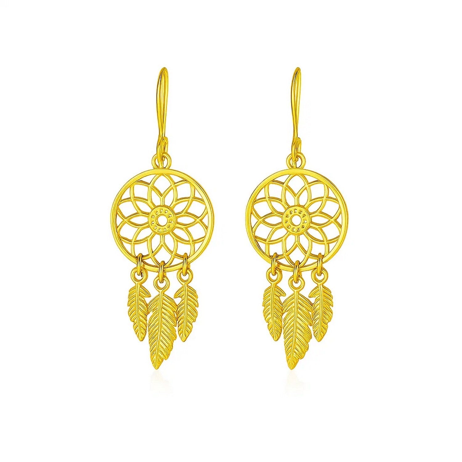 Dream Catcher Earrings in 14k Yellow Gold in a sleek high-contrast midnight luxury editorial style